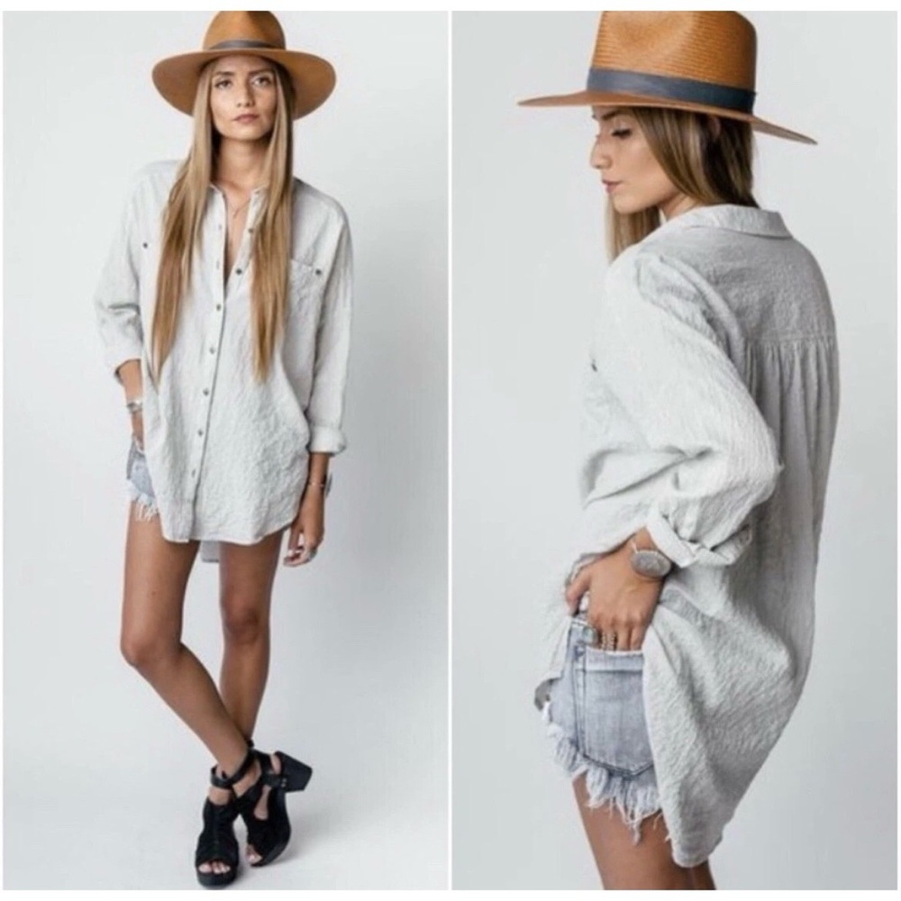 Free People Textured Grid Point Oversized Button-Up Shirt (118) - Picture 2 of 13